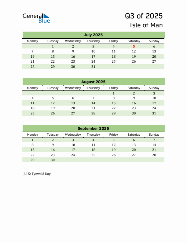 Quarterly Calendar 2025 with Isle of Man Holidays