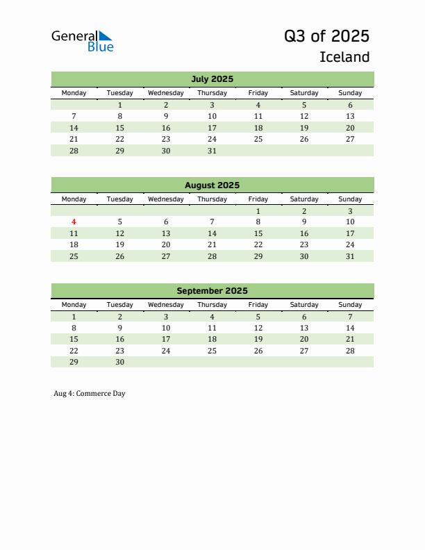 Quarterly Calendar 2025 with Iceland Holidays