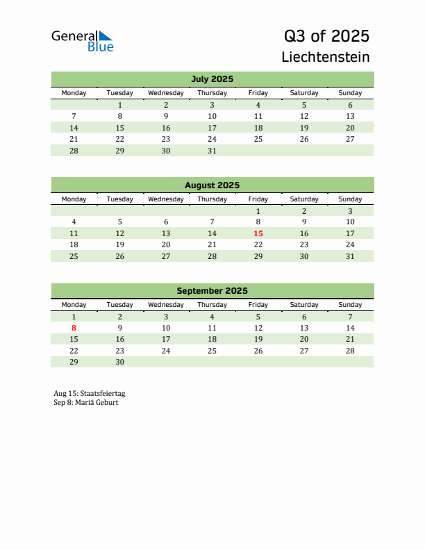 Quarterly Calendar 2025 with Liechtenstein Holidays