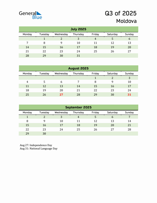 Quarterly Calendar 2025 with Moldova Holidays