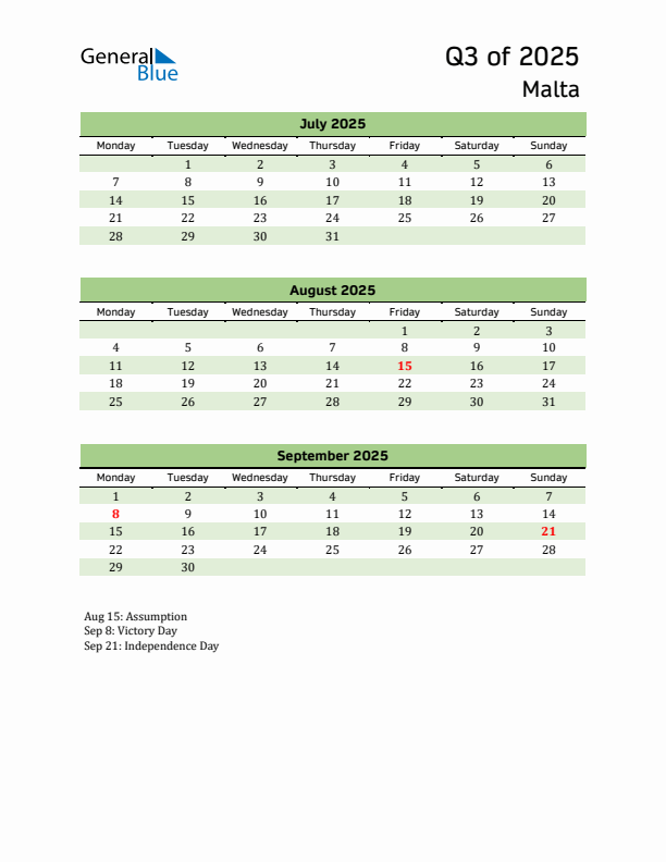 Quarterly Calendar 2025 with Malta Holidays