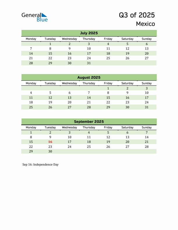 Quarterly Calendar 2025 with Mexico Holidays