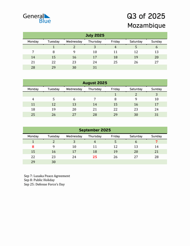 Quarterly Calendar 2025 with Mozambique Holidays