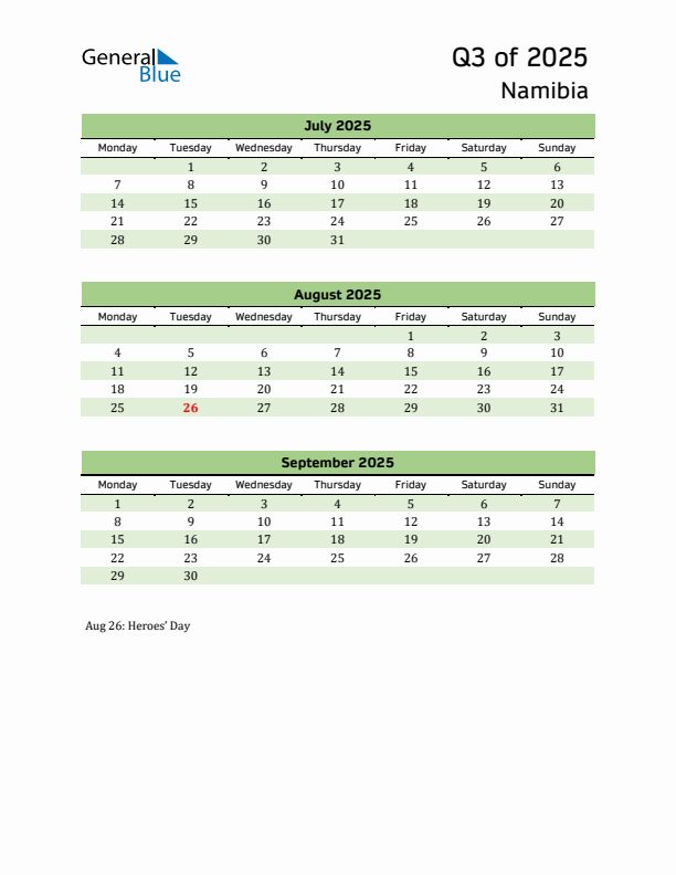 Quarterly Calendar 2025 with Namibia Holidays