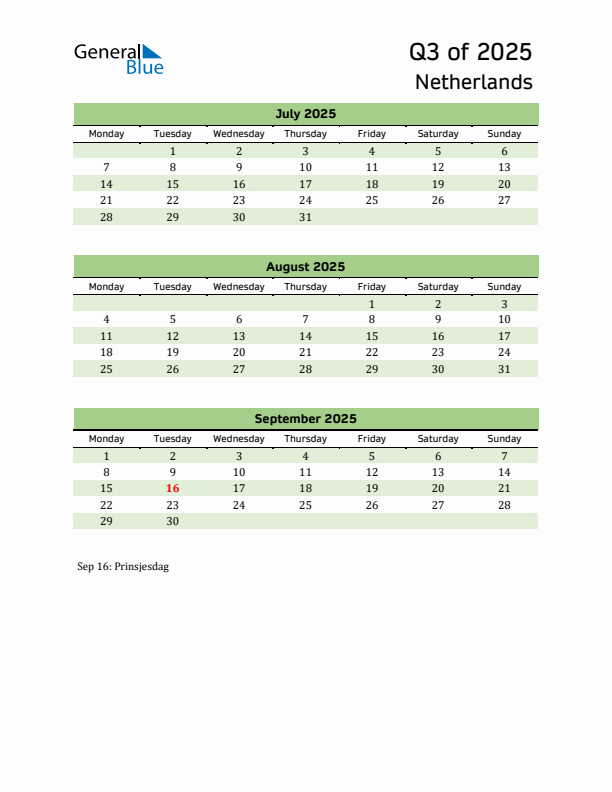 Quarterly Calendar 2025 with The Netherlands Holidays