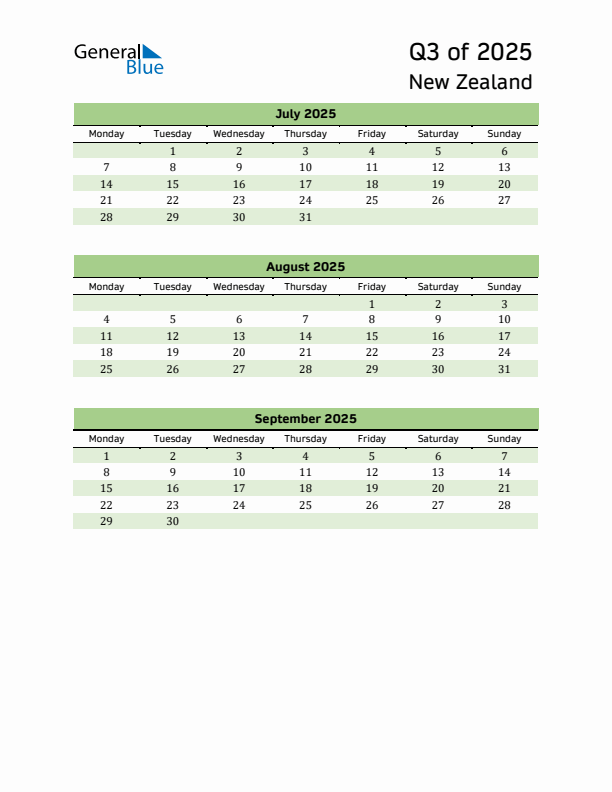 Quarterly Calendar 2025 with New Zealand Holidays