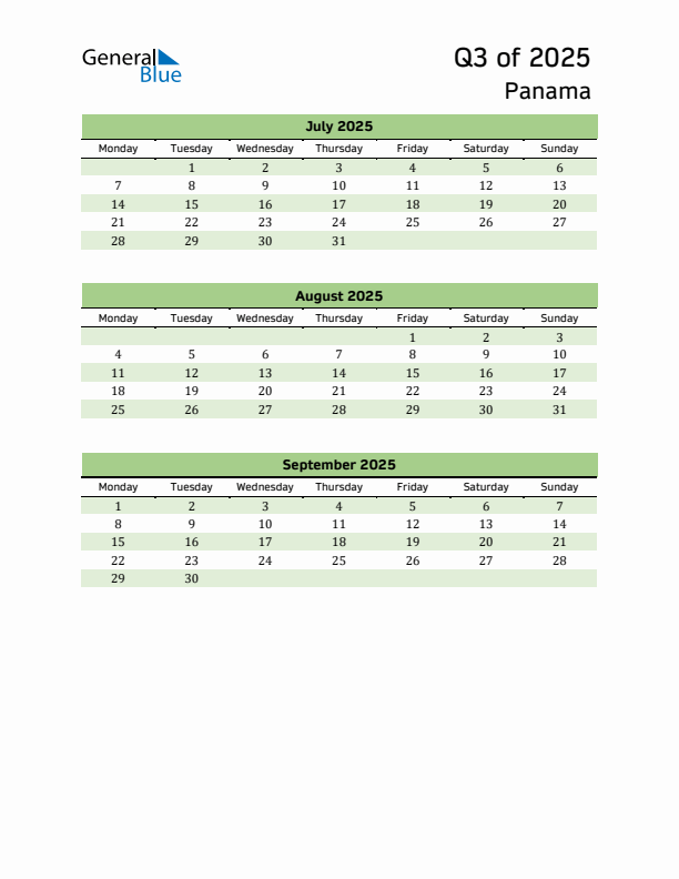 Quarterly Calendar 2025 with Panama Holidays