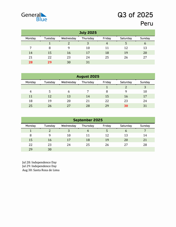 Quarterly Calendar 2025 with Peru Holidays