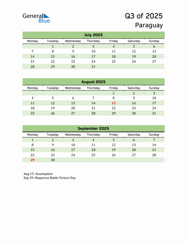 Quarterly Calendar 2025 with Paraguay Holidays