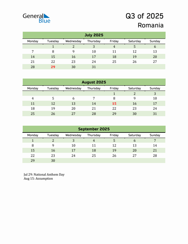 Quarterly Calendar 2025 with Romania Holidays