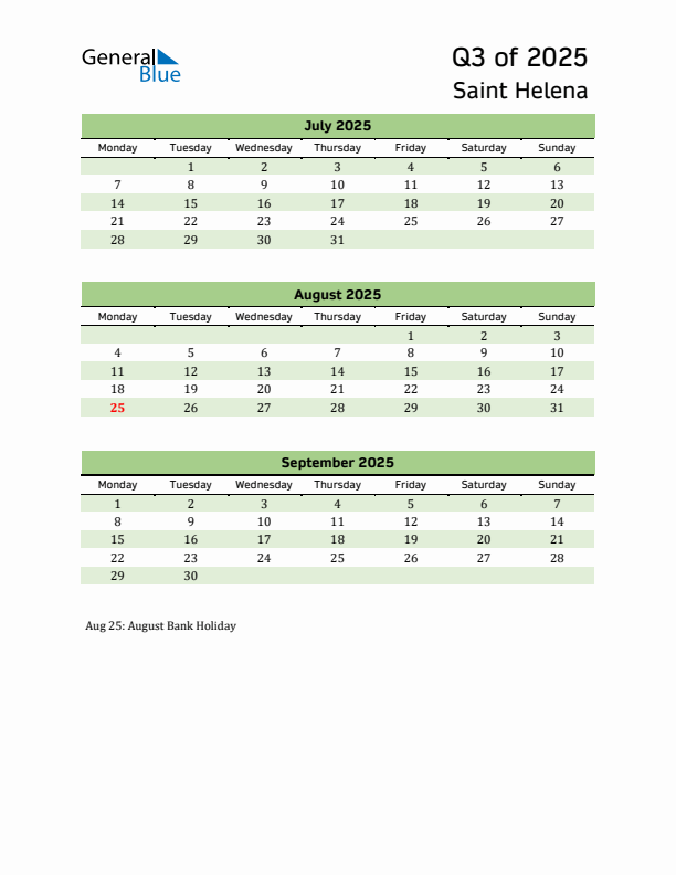 Quarterly Calendar 2025 with Saint Helena Holidays