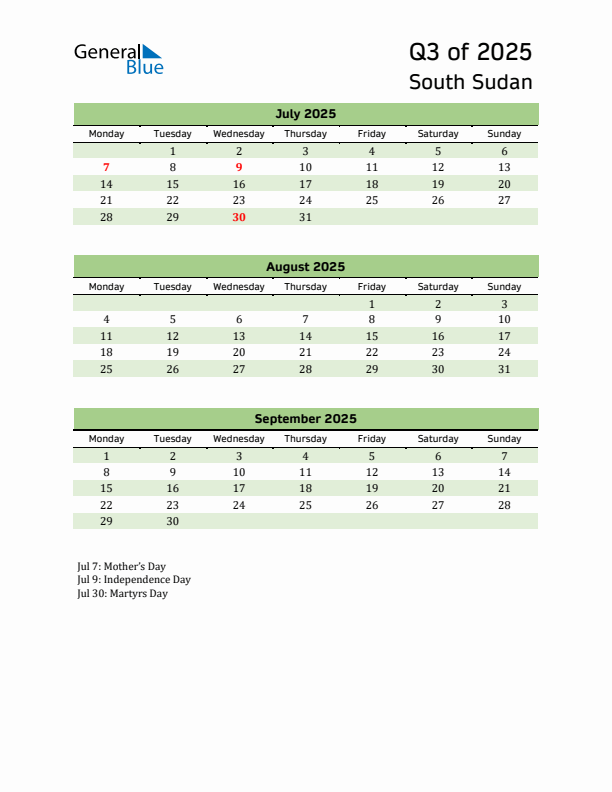 Quarterly Calendar 2025 with South Sudan Holidays