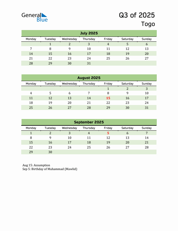 Quarterly Calendar 2025 with Togo Holidays