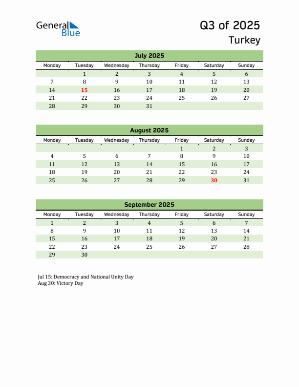 Quarterly Calendar 2025 with Turkey Holidays