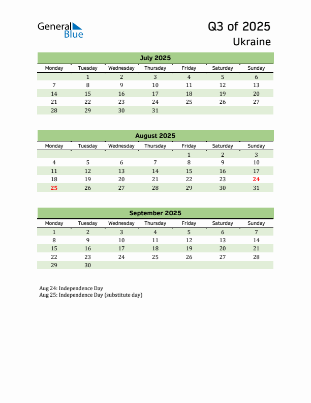 Quarterly Calendar 2025 with Ukraine Holidays