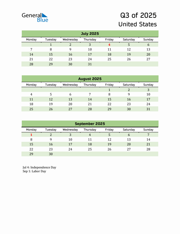 Quarterly Calendar 2025 with United States Holidays