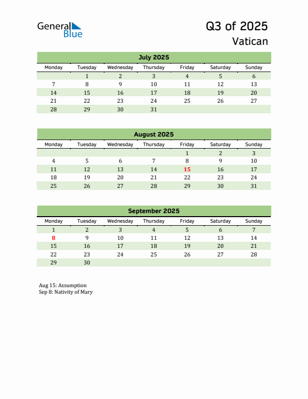 Quarterly Calendar 2025 with Vatican Holidays