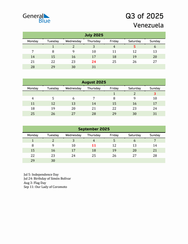 Quarterly Calendar 2025 with Venezuela Holidays