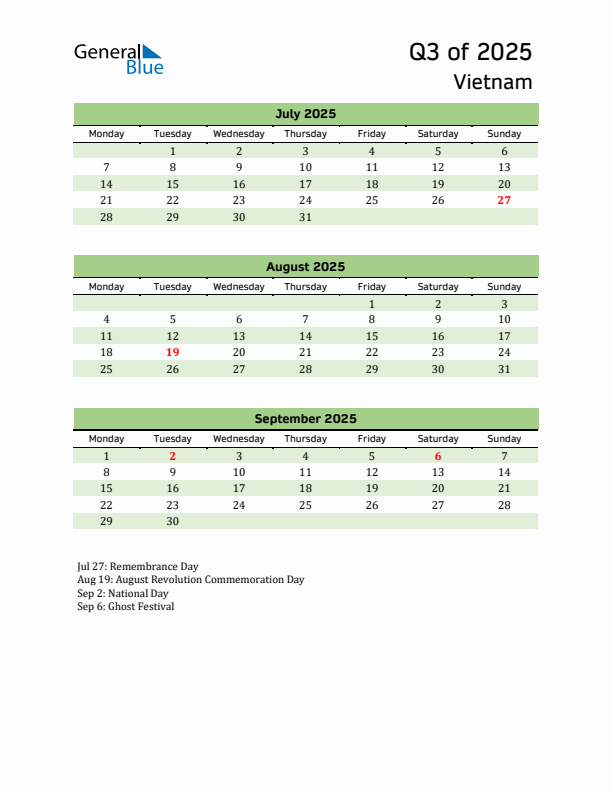 Quarterly Calendar 2025 with Vietnam Holidays