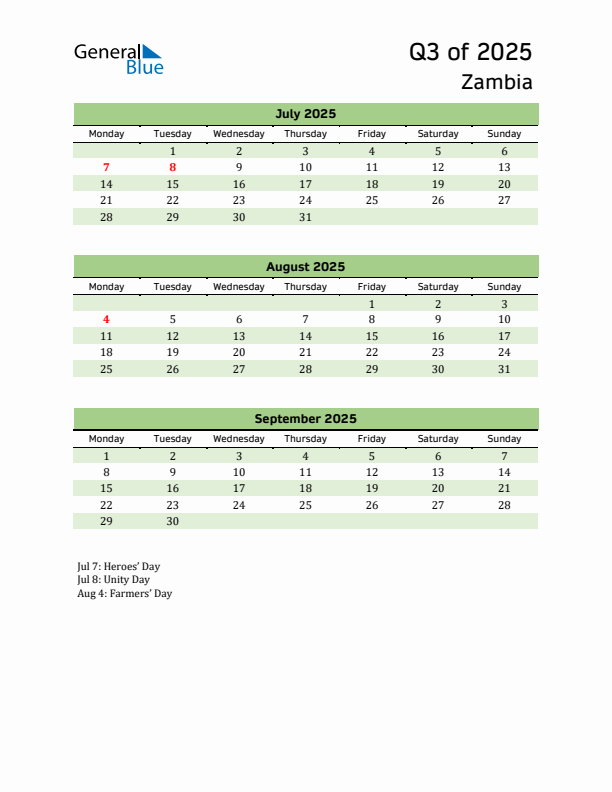 Quarterly Calendar 2025 with Zambia Holidays