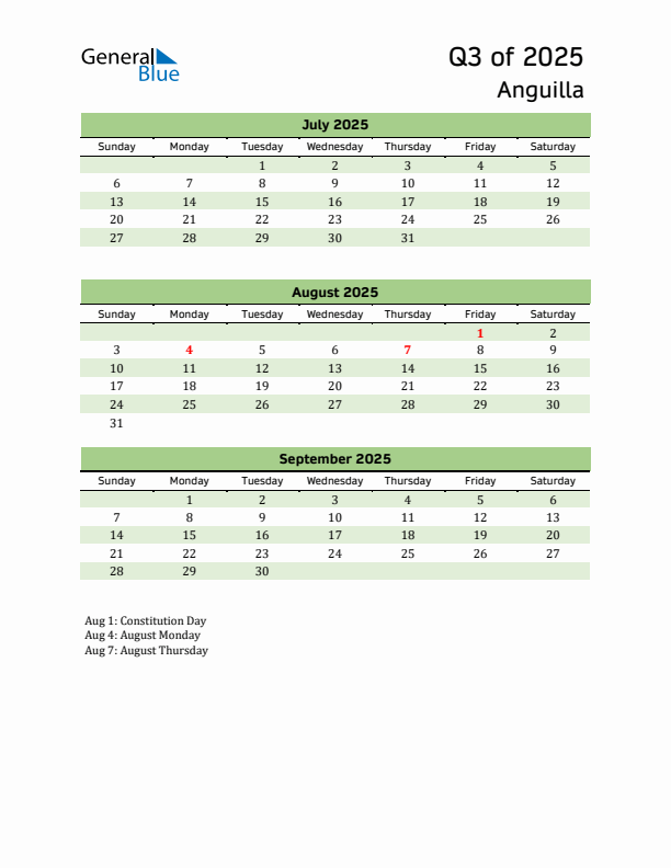 Quarterly Calendar 2025 with Anguilla Holidays