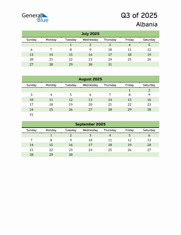 Quarterly Calendar 2025 with Albania Holidays