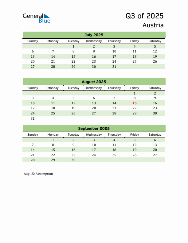 Quarterly Calendar 2025 with Austria Holidays