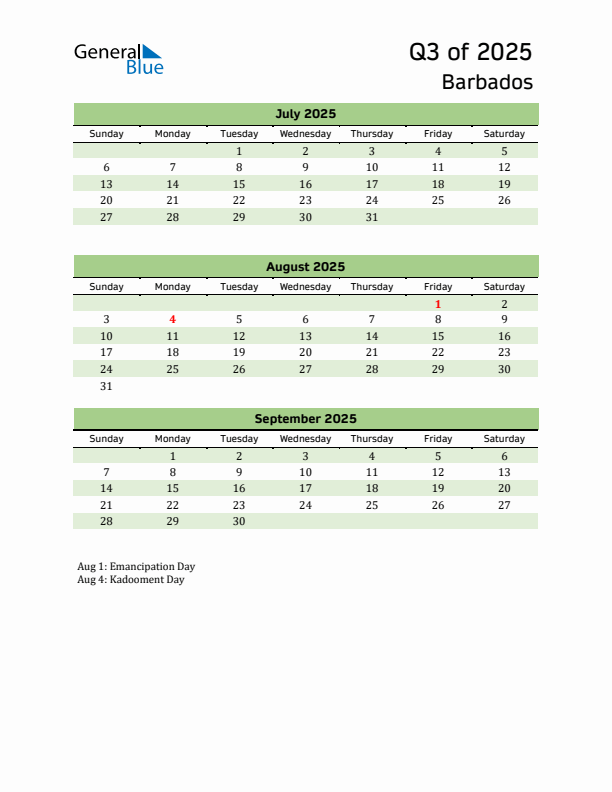 Quarterly Calendar 2025 with Barbados Holidays