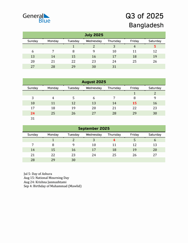 Quarterly Calendar 2025 with Bangladesh Holidays