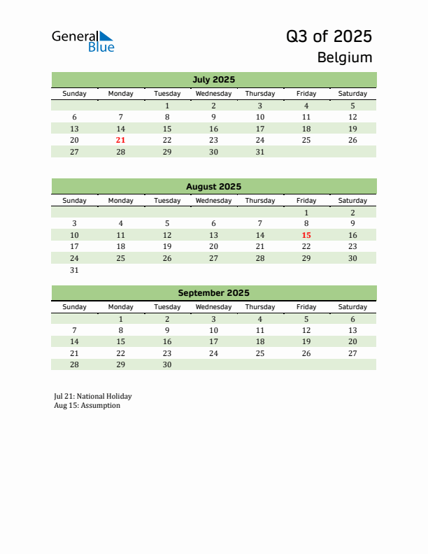 Quarterly Calendar 2025 with Belgium Holidays