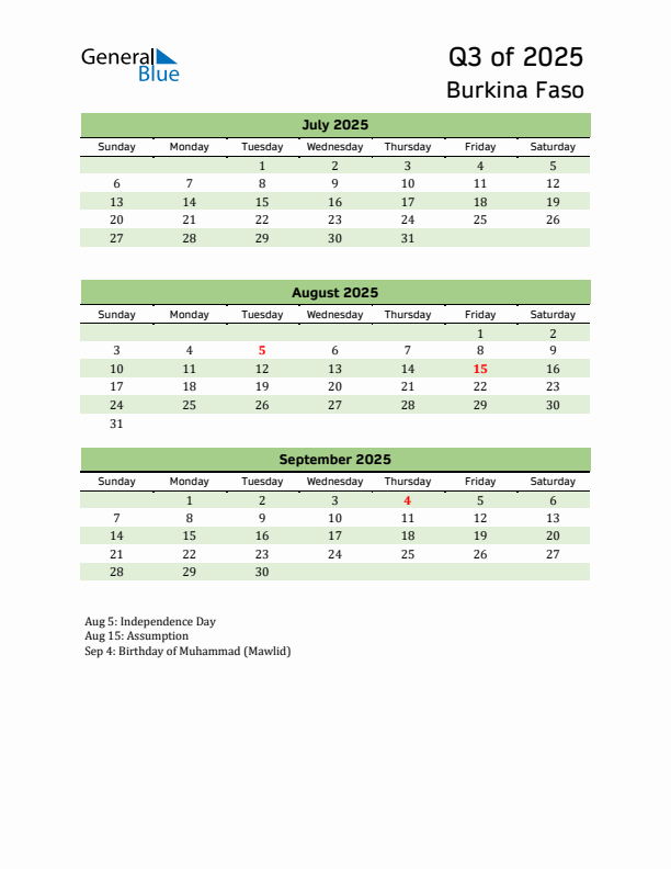 Quarterly Calendar 2025 with Burkina Faso Holidays