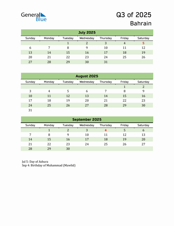 Quarterly Calendar 2025 with Bahrain Holidays