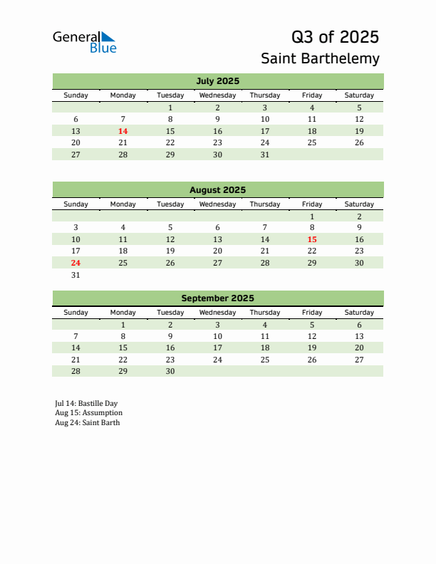 Quarterly Calendar 2025 with Saint Barthelemy Holidays