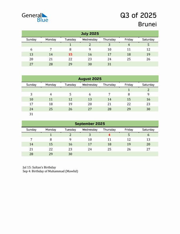 Quarterly Calendar 2025 with Brunei Holidays