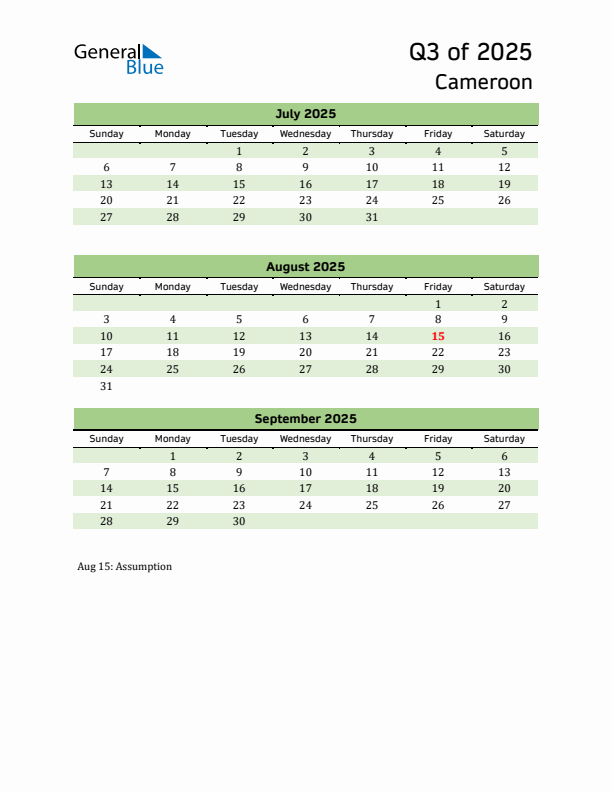 Quarterly Calendar 2025 with Cameroon Holidays