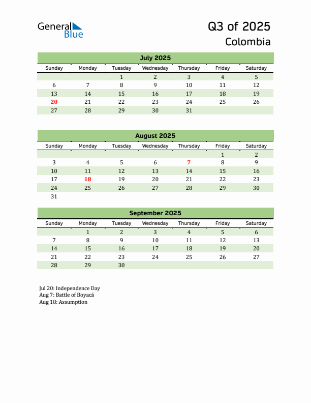 Quarterly Calendar 2025 with Colombia Holidays