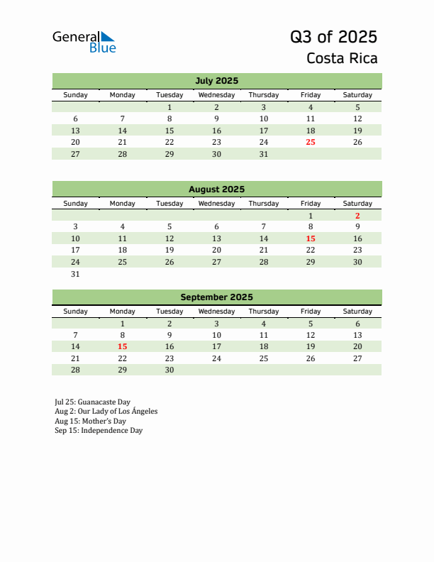 Quarterly Calendar 2025 with Costa Rica Holidays