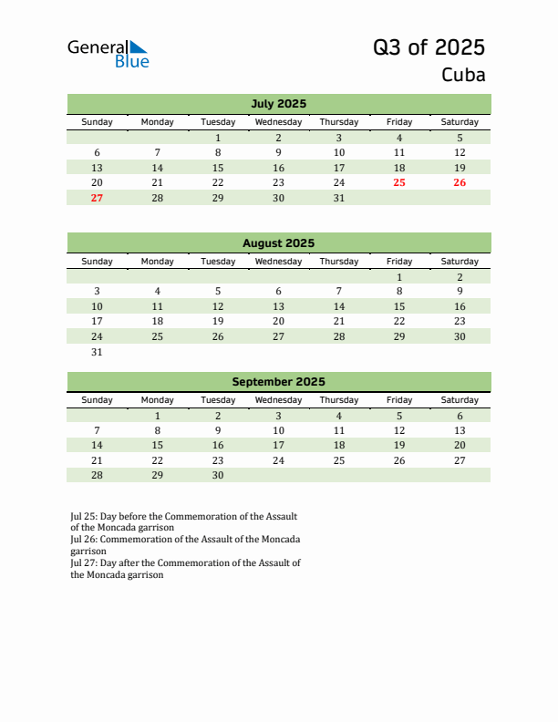 Quarterly Calendar 2025 with Cuba Holidays