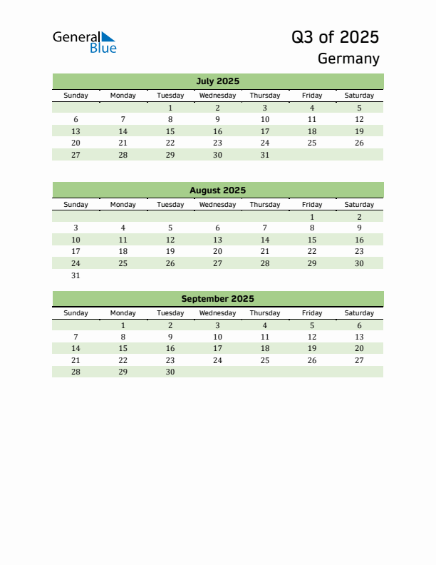 Quarterly Calendar 2025 with Germany Holidays