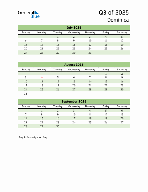 Quarterly Calendar 2025 with Dominica Holidays