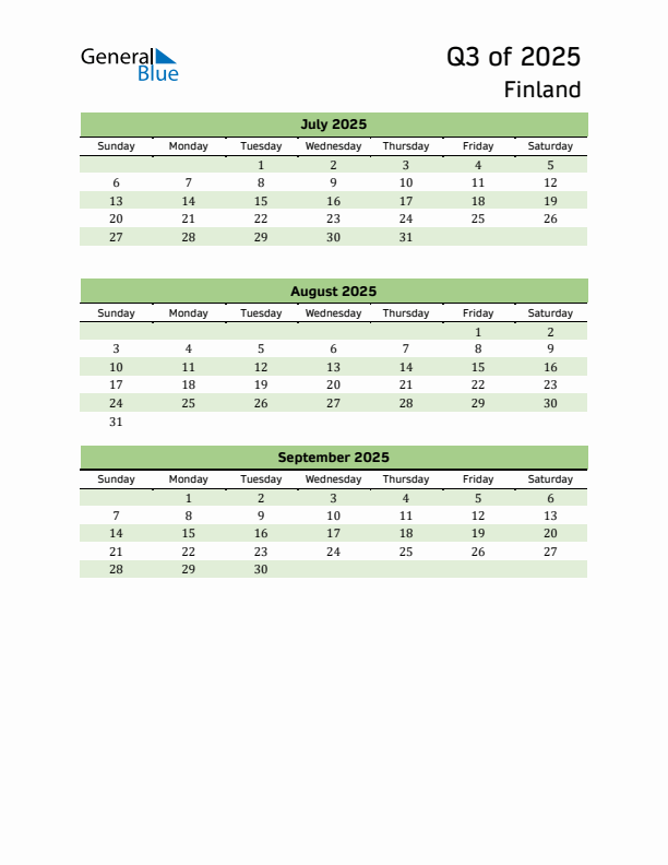 Quarterly Calendar 2025 with Finland Holidays