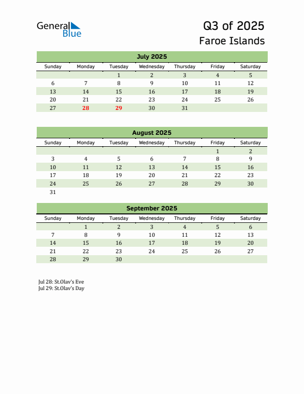 Quarterly Calendar 2025 with Faroe Islands Holidays