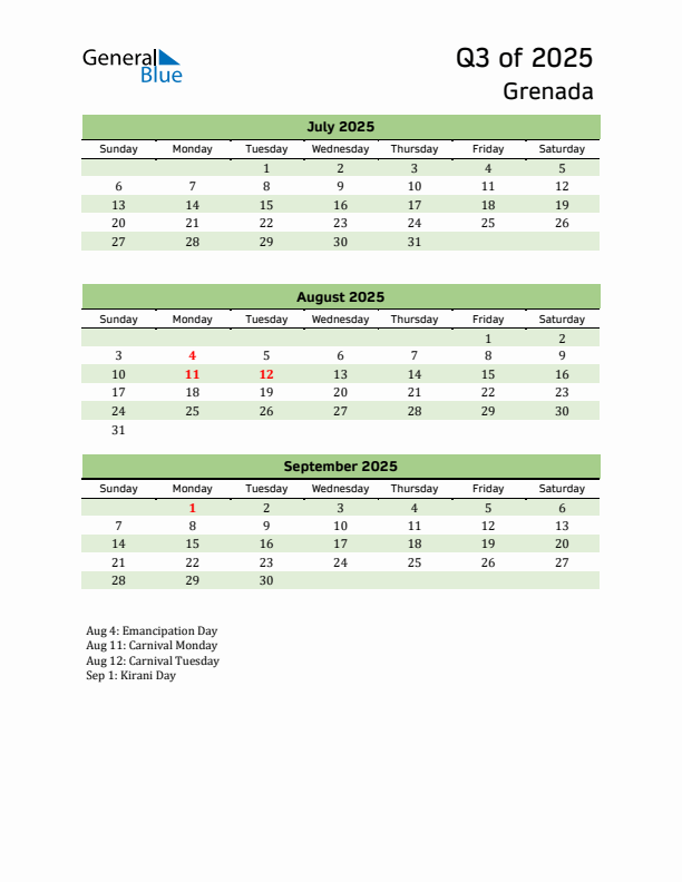 Quarterly Calendar 2025 with Grenada Holidays