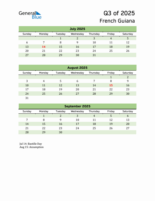 Quarterly Calendar 2025 with French Guiana Holidays