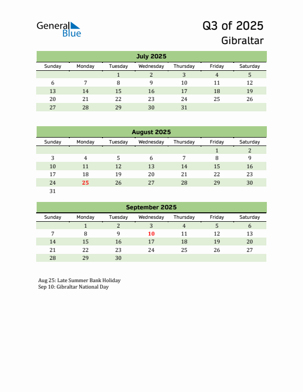 Quarterly Calendar 2025 with Gibraltar Holidays