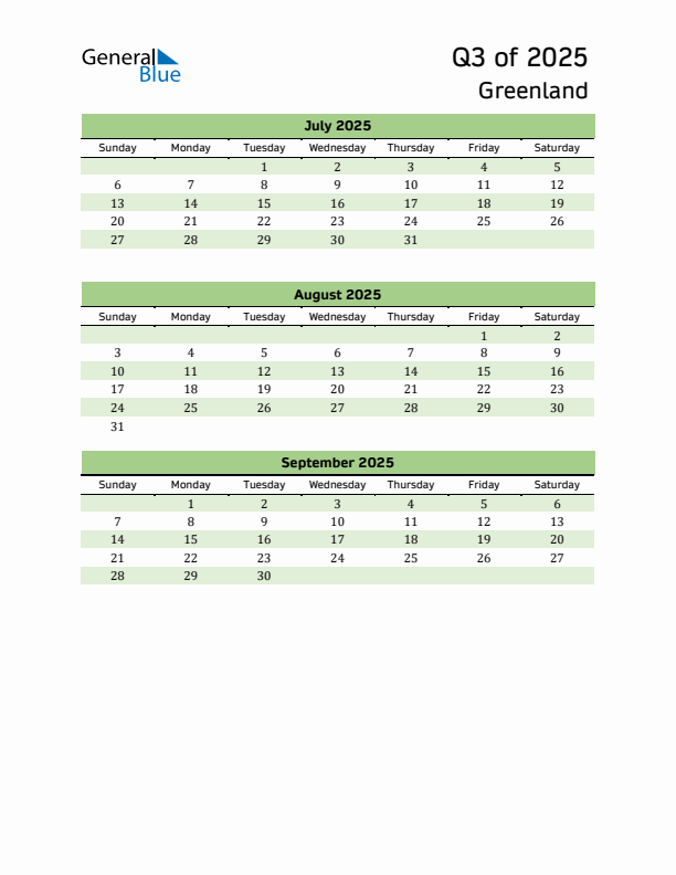 Quarterly Calendar 2025 with Greenland Holidays