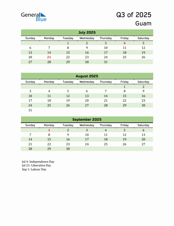 Quarterly Calendar 2025 with Guam Holidays