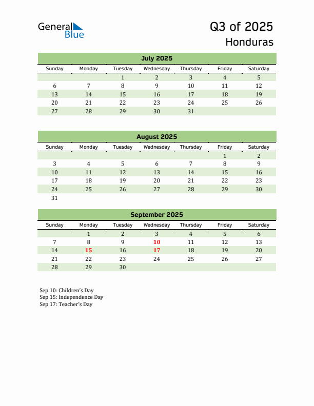 Quarterly Calendar 2025 with Honduras Holidays