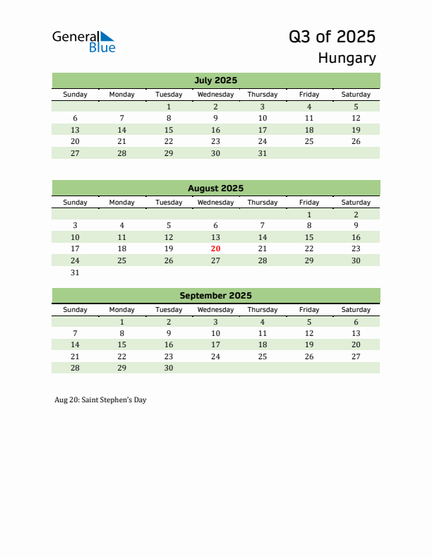 Quarterly Calendar 2025 with Hungary Holidays