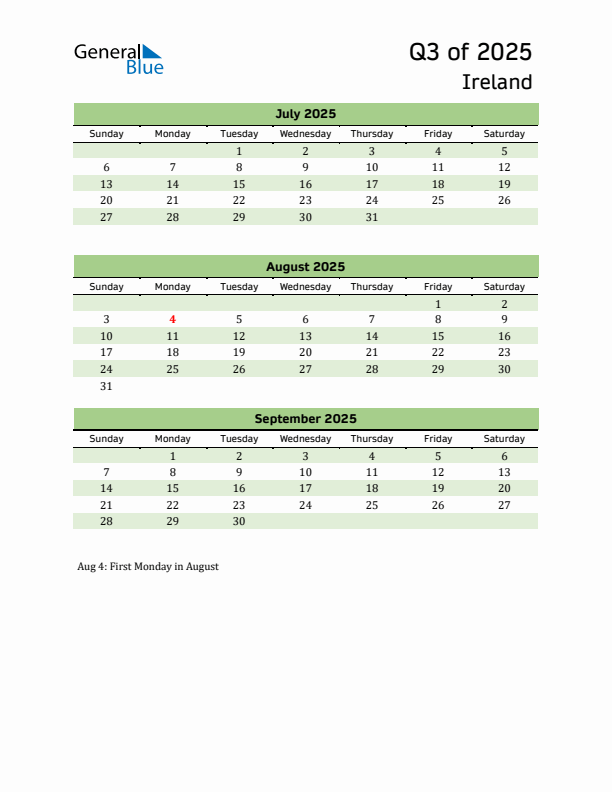 Quarterly Calendar 2025 with Ireland Holidays